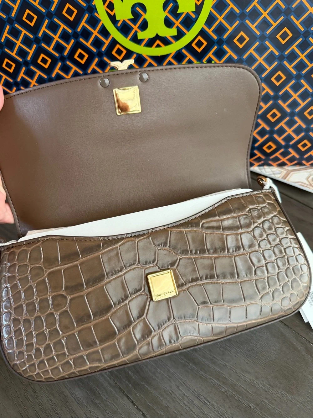 Tory Burch Britten Brown Croc-Embossed Shoulder Bag with Gold Logo